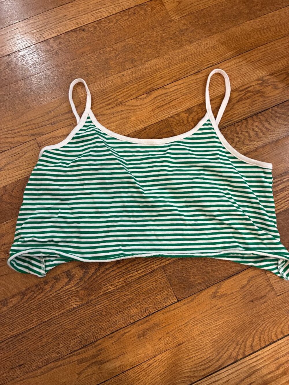 Women's Size Large Cropped Spaghetti Strap Tank Top Green White Stripes